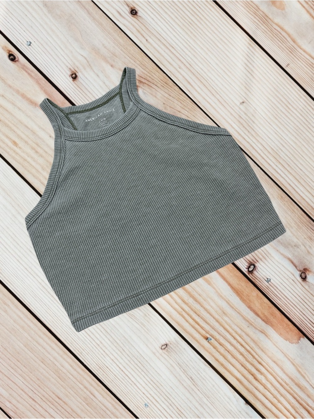 American Eagle M grey sage waffle cropped tank